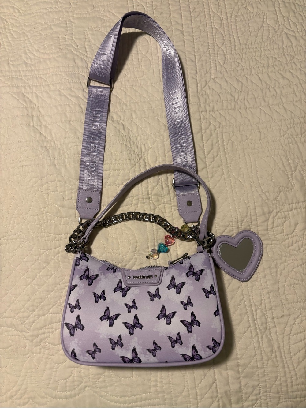 NEW Madden Girl Butterfly Print Mini Tote Crossbody Bag with Heart Mirror